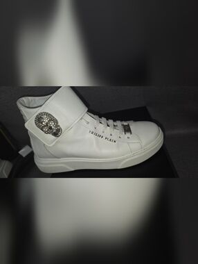 Philipp Plein White Leather High-Top Sneakers with Crystal Skull